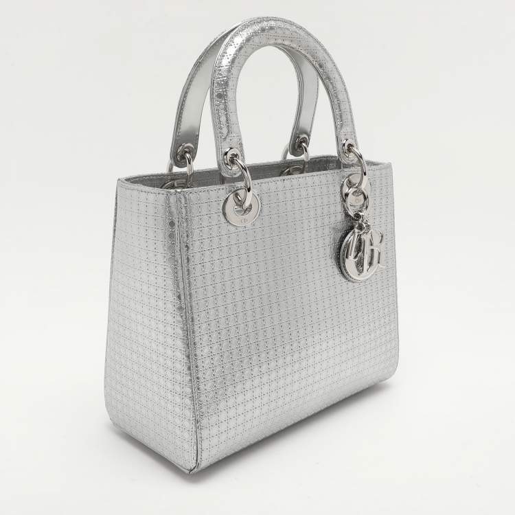 Pre Owned Dior Silver Cannage Leather Medium Lady Dior Top Handle Bag