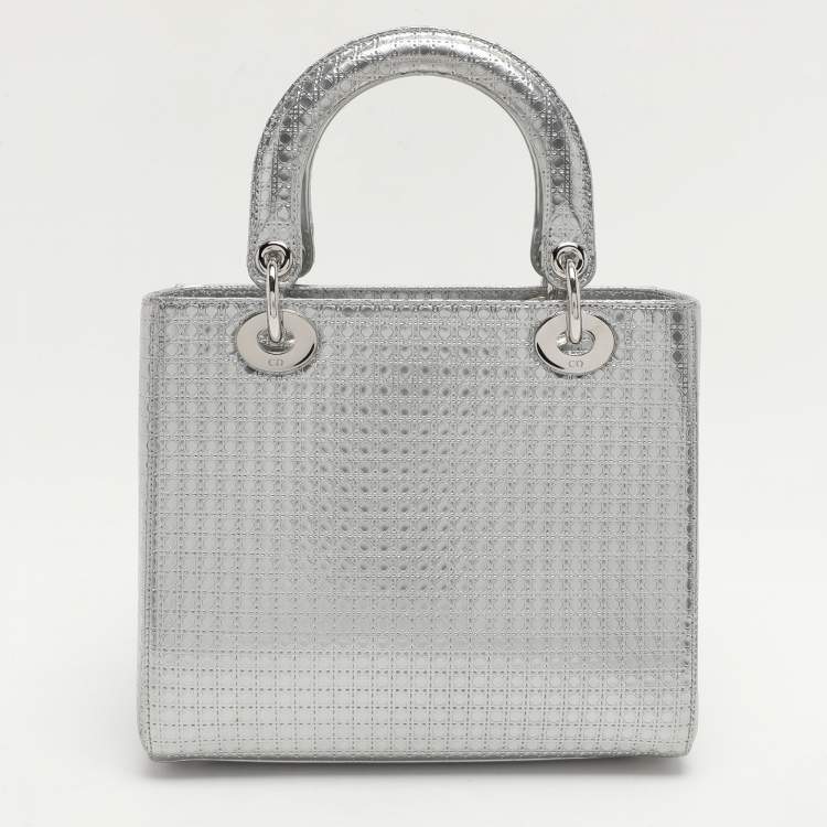Pre Owned Dior Silver Cannage Leather Medium Lady Dior Top Handle Bag