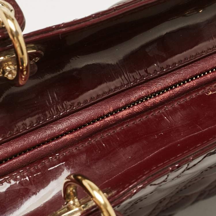 Pre Owned Dior Burgundy Cannage Patent Leather Large Lady Dior Tote
