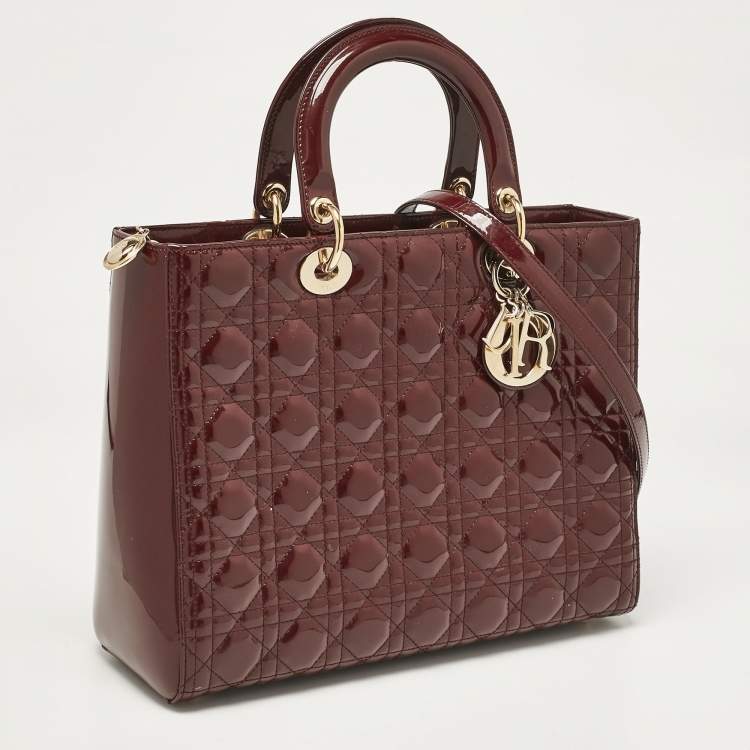 Pre Owned Dior Burgundy Cannage Patent Leather Large Lady Dior Tote