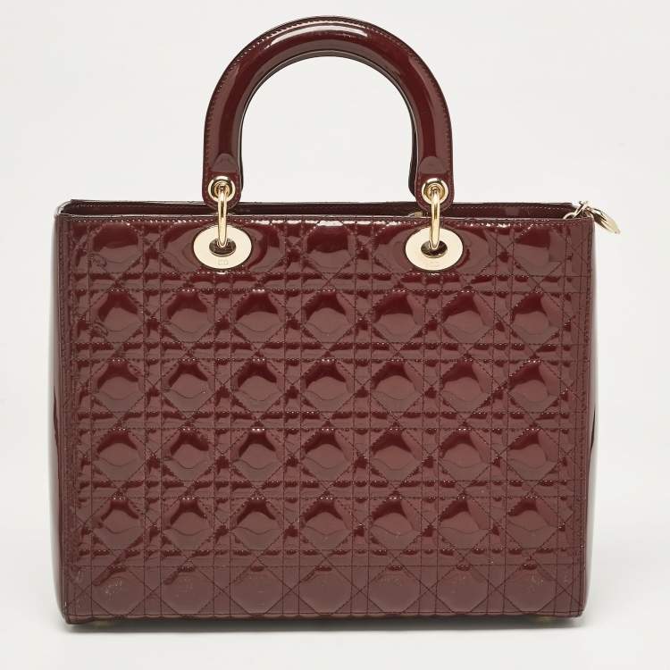 Pre Owned Dior Burgundy Cannage Patent Leather Large Lady Dior Tote