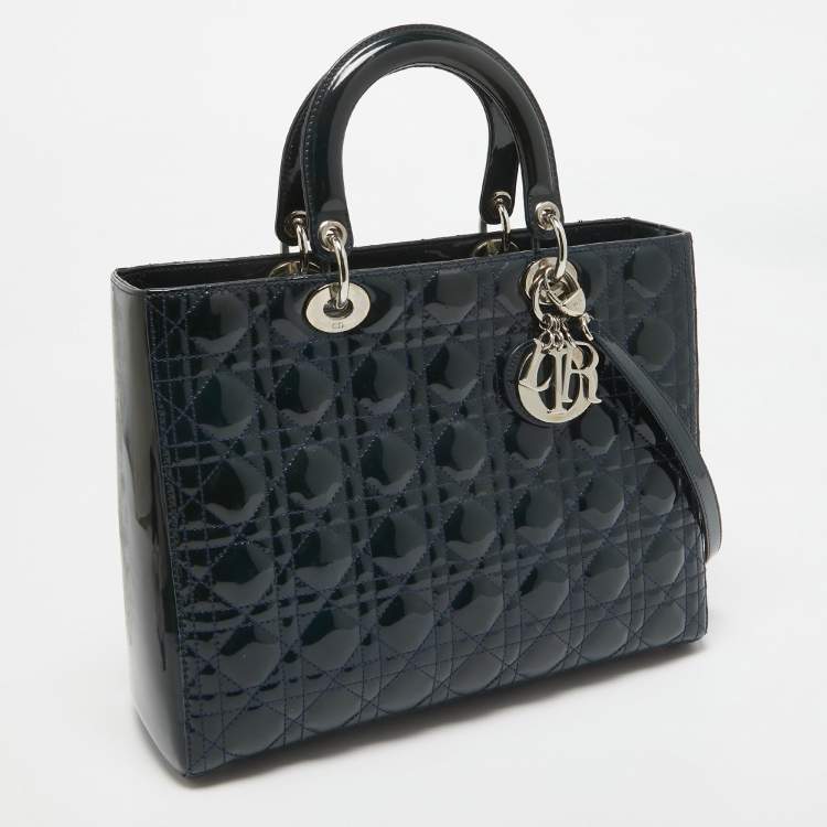 Pre Owned Dior Teal Blue Cannage Patent Leather Large Lady Dior Tote