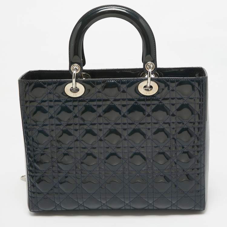 Pre Owned Dior Teal Blue Cannage Patent Leather Large Lady Dior Tote