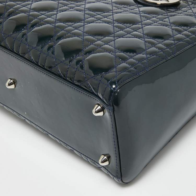 Pre Owned Dior Teal Blue Cannage Patent Leather Large Lady Dior Tote