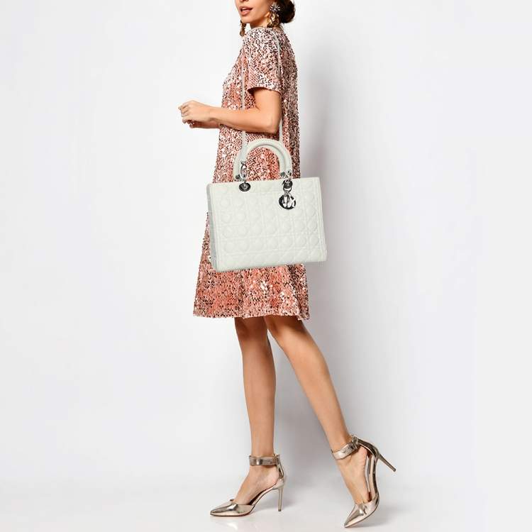 Pre Owned Dior White Cannage Leather Large Lady Dior Tote