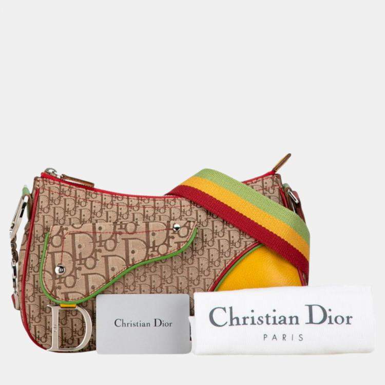 Pre Owned Christian Dior Beige Yellow Canvas Leather Dior Trotter Saddle Rasta Shoulder Bag