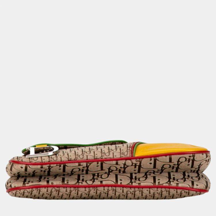 Pre Owned Christian Dior Beige Yellow Canvas Leather Dior Trotter Saddle Rasta Shoulder Bag