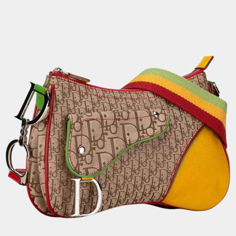 Pre Owned Christian Dior Beige Yellow Canvas Leather Dior Trotter Saddle Rasta Shoulder Bag