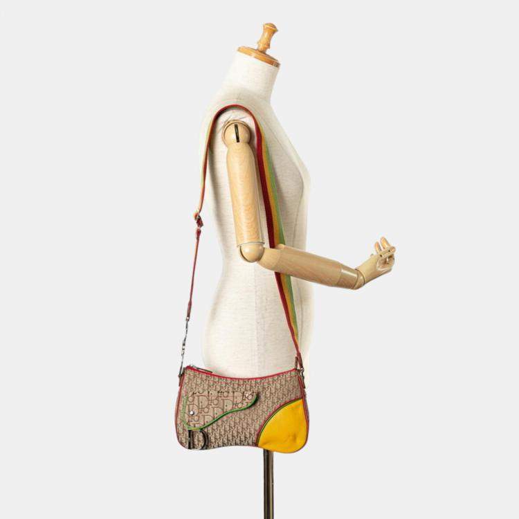 Pre Owned Christian Dior Beige Yellow Canvas Leather Dior Trotter Saddle Rasta Shoulder Bag