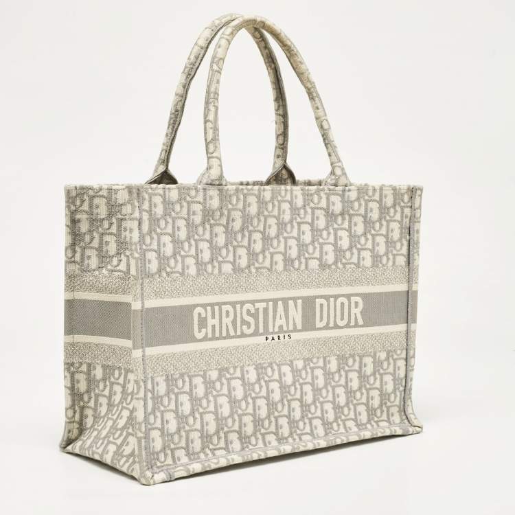 Pre Owned Dior Grey Oblique Embroidered Canvas Medium Book Tote