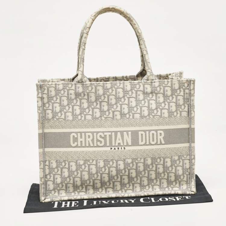 Pre Owned Dior Grey Oblique Embroidered Canvas Medium Book Tote