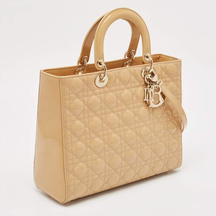 Pre Owned Dior Beige Cannage Patent Leather Large Lady Dior Tote