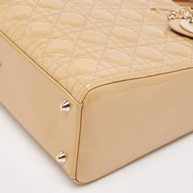 Pre Owned Dior Beige Cannage Patent Leather Large Lady Dior Tote