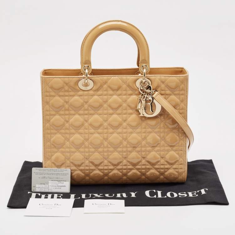 Pre Owned Dior Beige Cannage Patent Leather Large Lady Dior Tote