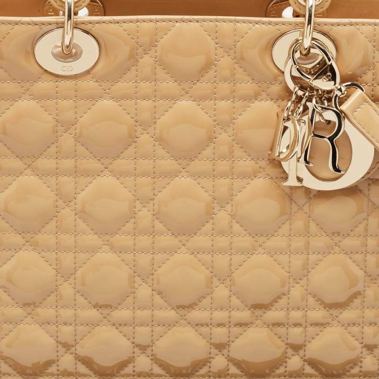 Pre Owned Dior Beige Cannage Patent Leather Large Lady Dior Tote