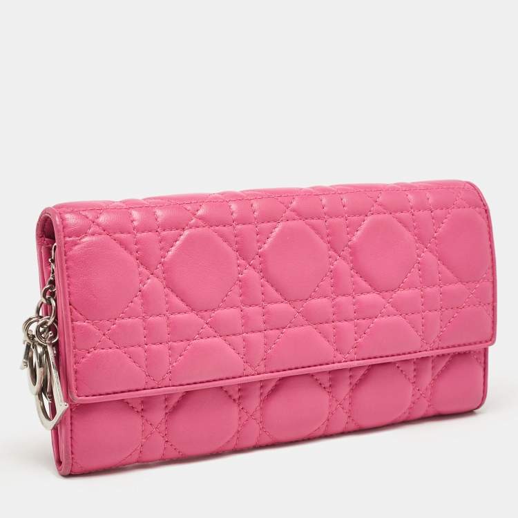 Pre Owned Dior Pink Cannage Leather Lady Dior Wallet on Chain