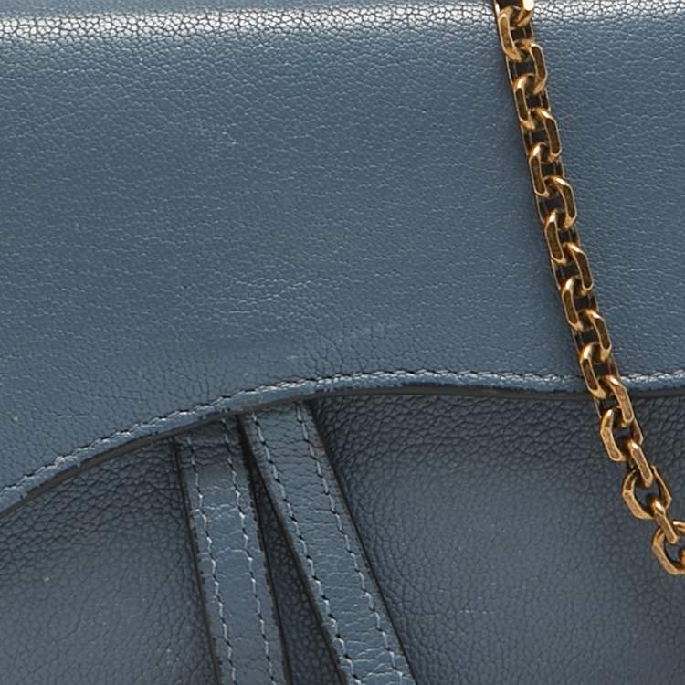 Pre Owned Dior Blue Leather Saddle Wallet On Chain