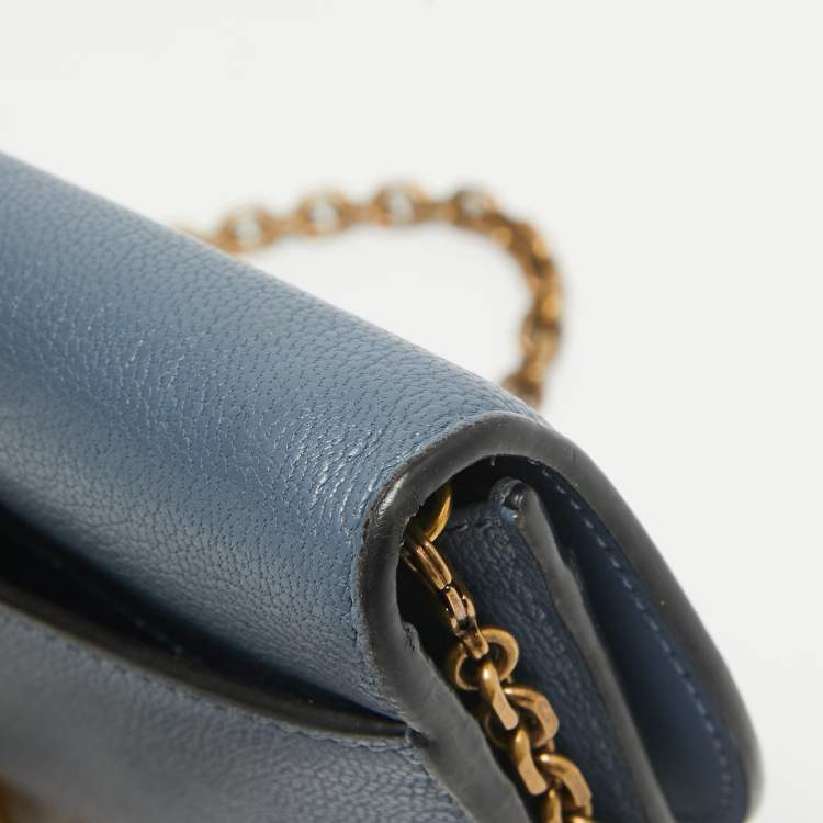 Pre Owned Dior Blue Leather Saddle Wallet On Chain
