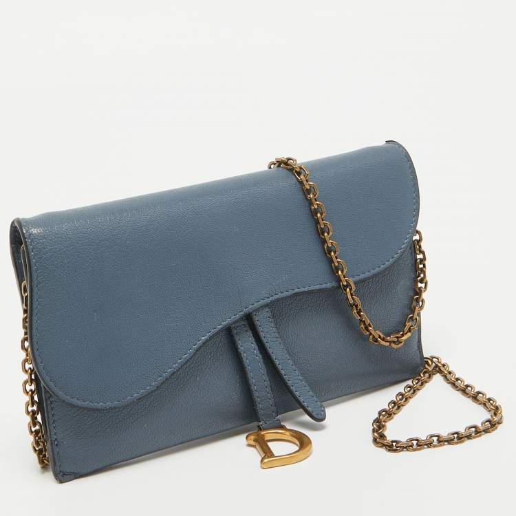 Pre Owned Dior Blue Leather Saddle Wallet On Chain