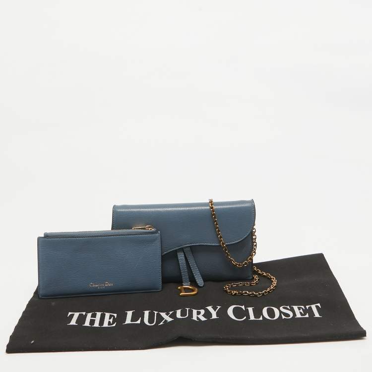 Pre Owned Dior Blue Leather Saddle Wallet On Chain