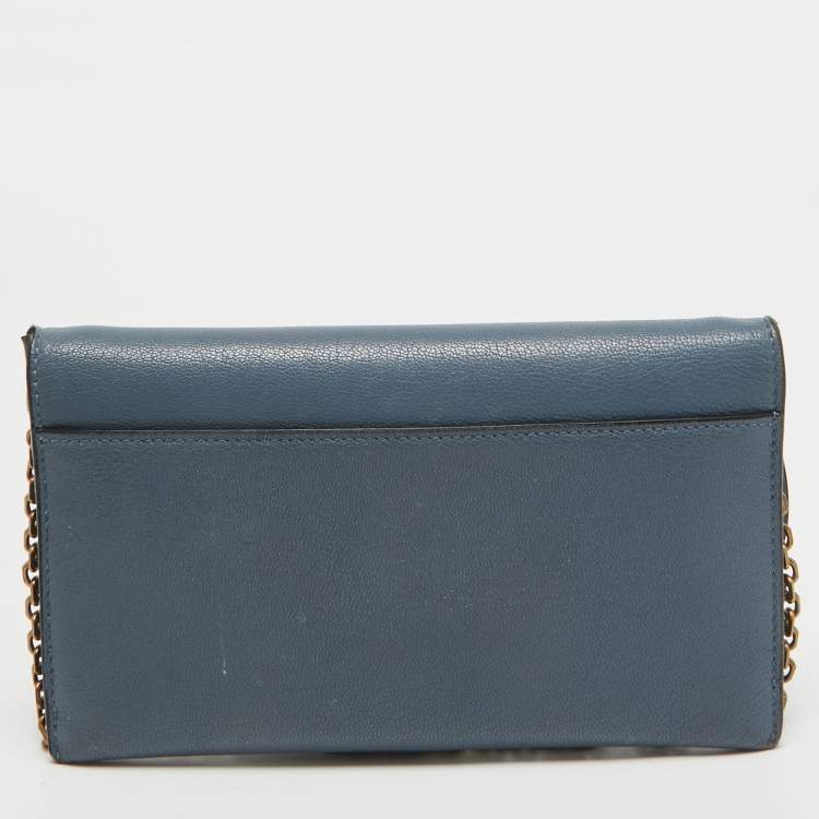 Pre Owned Dior Blue Leather Saddle Wallet On Chain