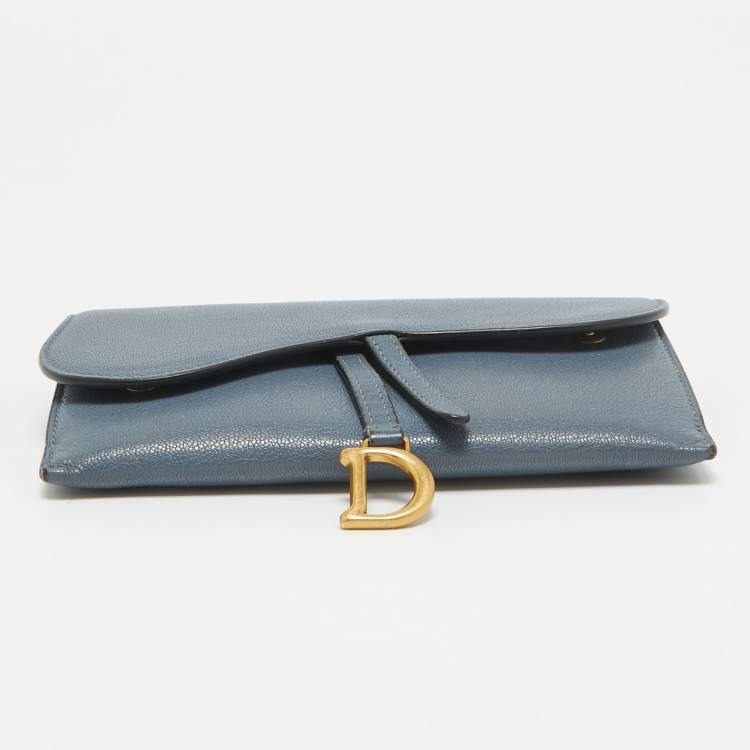 Pre Owned Dior Blue Leather Saddle Wallet On Chain
