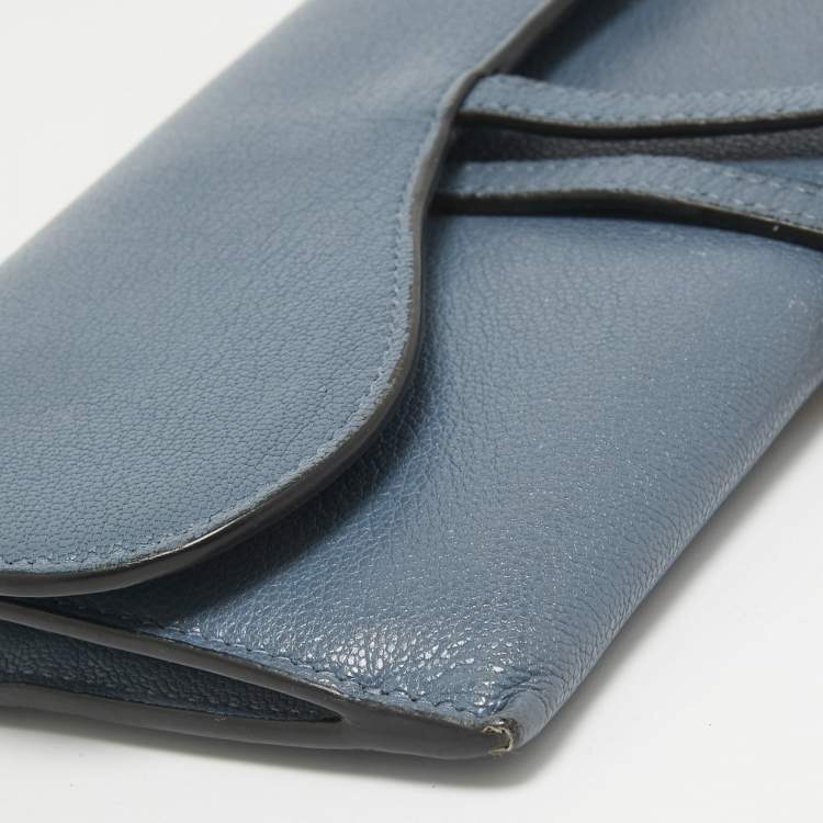 Pre Owned Dior Blue Leather Saddle Wallet On Chain