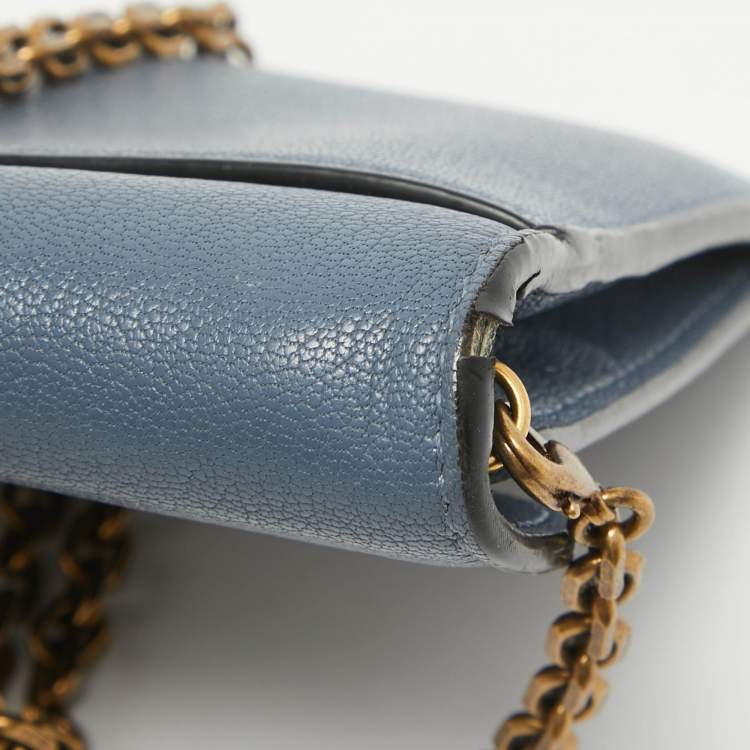 Pre Owned Dior Blue Leather Saddle Wallet On Chain