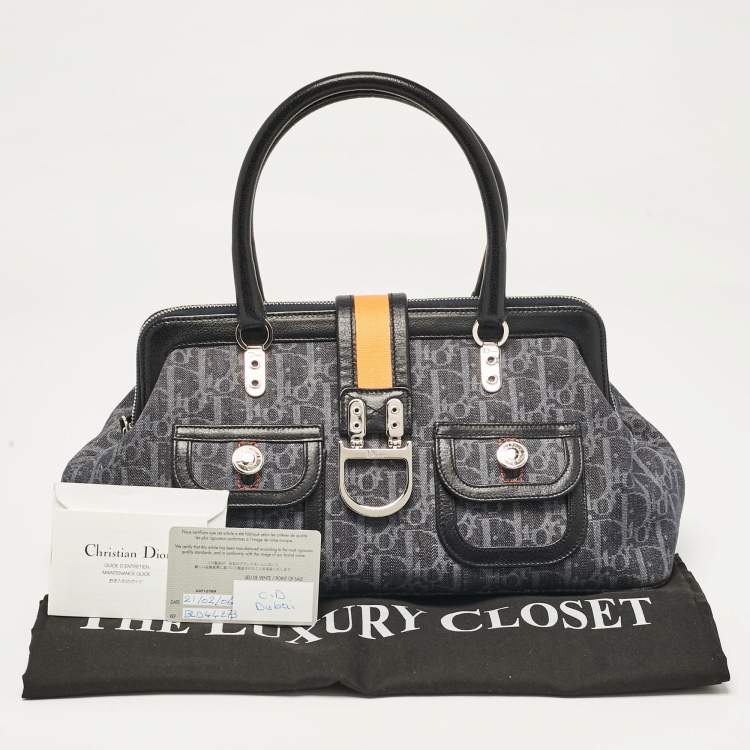 Pre Owned Dior Navy Blue Oblique Denim and Leather Flight Frame Satchel