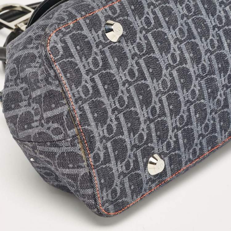 Pre Owned Dior Navy Blue Oblique Denim and Leather Flight Frame Satchel