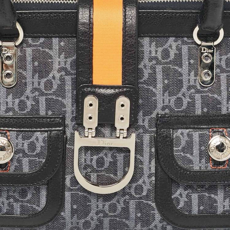 Pre Owned Dior Navy Blue Oblique Denim and Leather Flight Frame Satchel