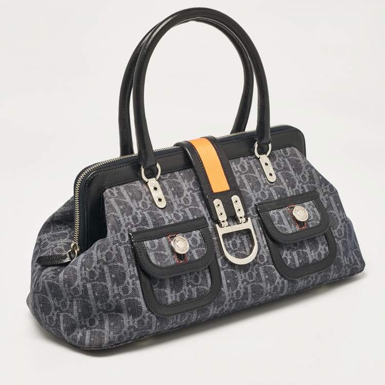 Pre Owned Dior Navy Blue Oblique Denim and Leather Flight Frame Satchel