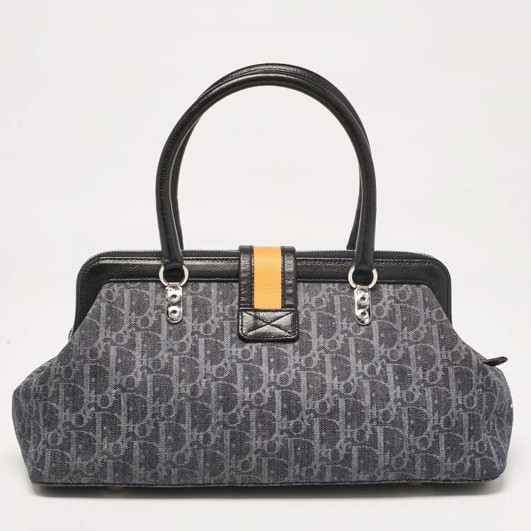 Pre Owned Dior Navy Blue Oblique Denim and Leather Flight Frame Satchel