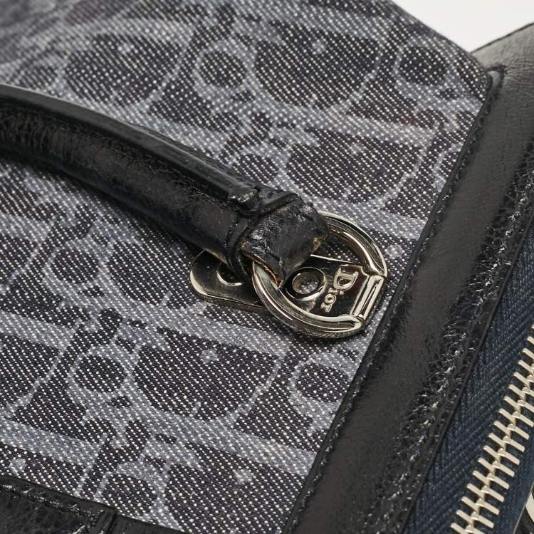 Pre Owned Dior Navy Blue Oblique Denim and Leather Flight Frame Satchel