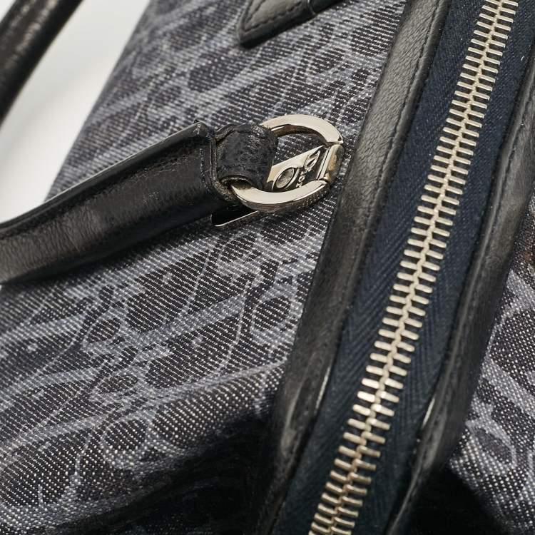 Pre Owned Dior Navy Blue Oblique Denim and Leather Flight Frame Satchel