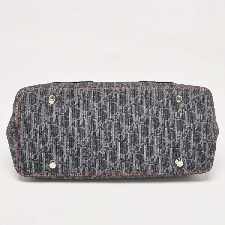 Pre Owned Dior Navy Blue Oblique Denim and Leather Flight Frame Satchel