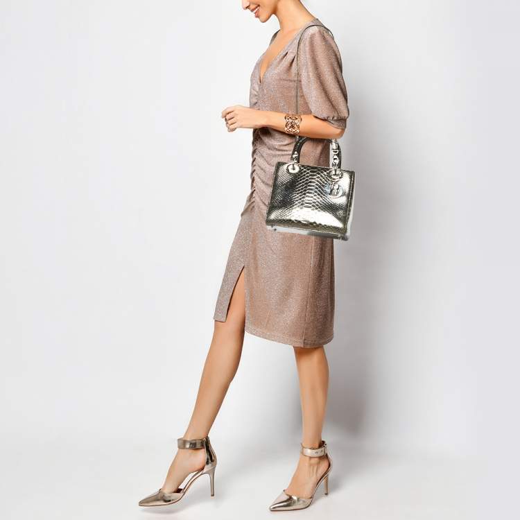 Pre Owned Dior Metallic Python Medium Lady Dior Tote