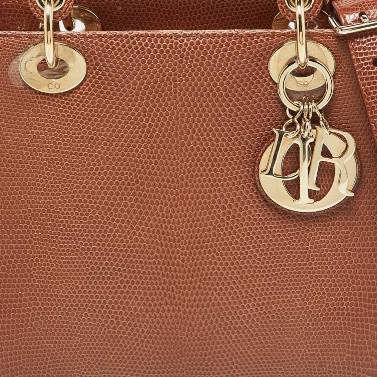 Pre Owned Dior Brown Lizard Medium Lady Dior Tote