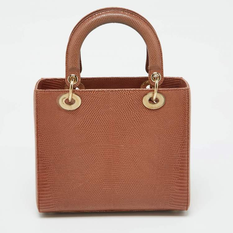 Pre Owned Dior Brown Lizard Medium Lady Dior Tote