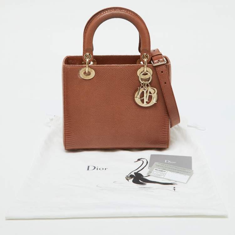 Pre Owned Dior Brown Lizard Medium Lady Dior Tote