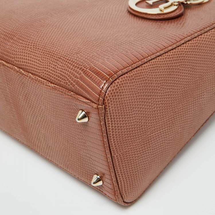 Pre Owned Dior Brown Lizard Medium Lady Dior Tote