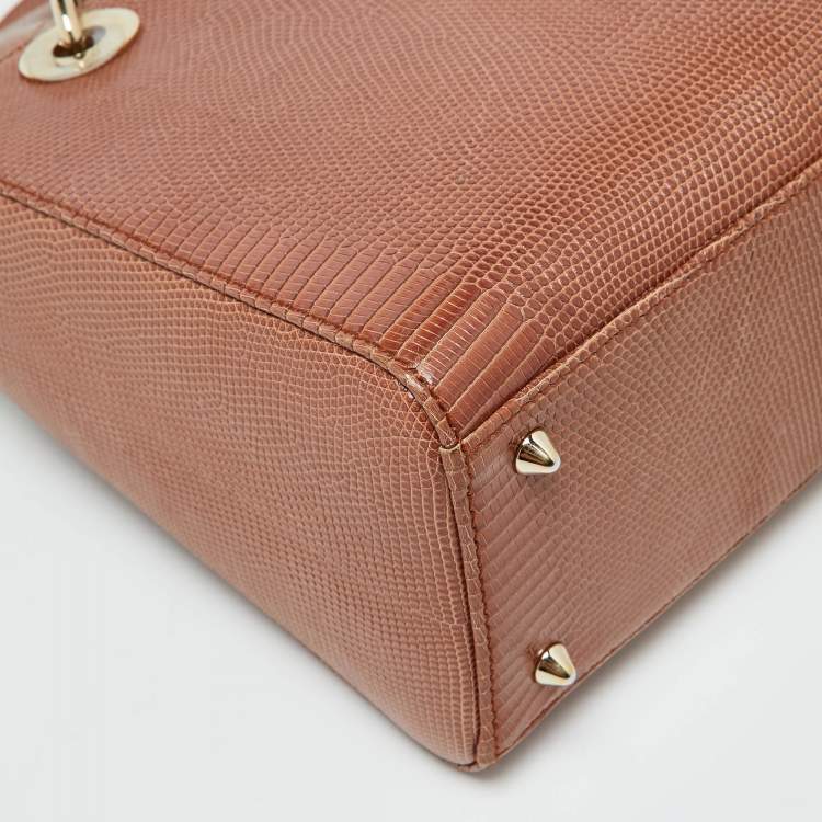 Pre Owned Dior Brown Lizard Medium Lady Dior Tote