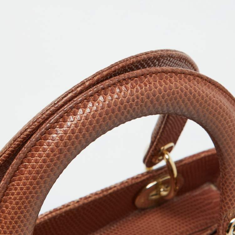 Pre Owned Dior Brown Lizard Medium Lady Dior Tote
