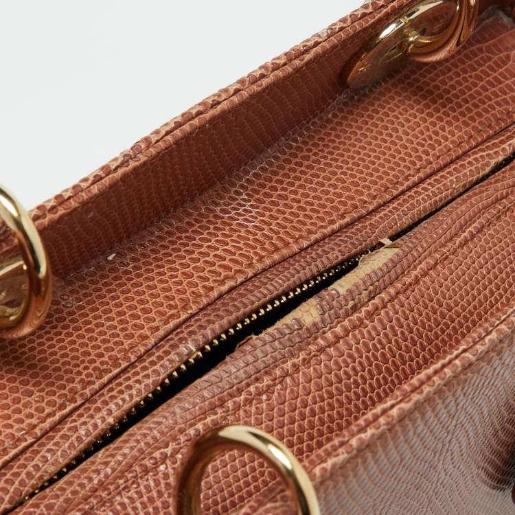 Pre Owned Dior Brown Lizard Medium Lady Dior Tote
