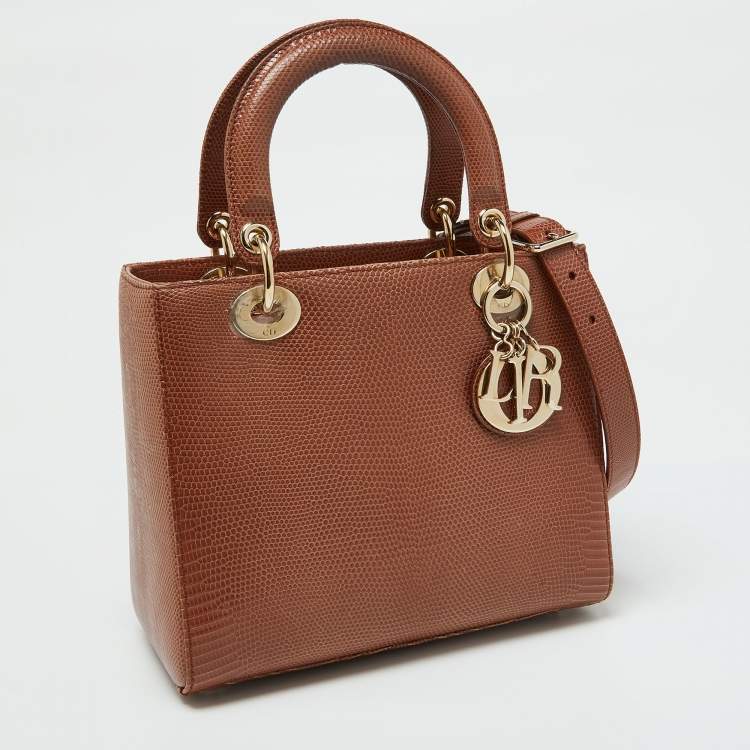 Pre Owned Dior Brown Lizard Medium Lady Dior Tote