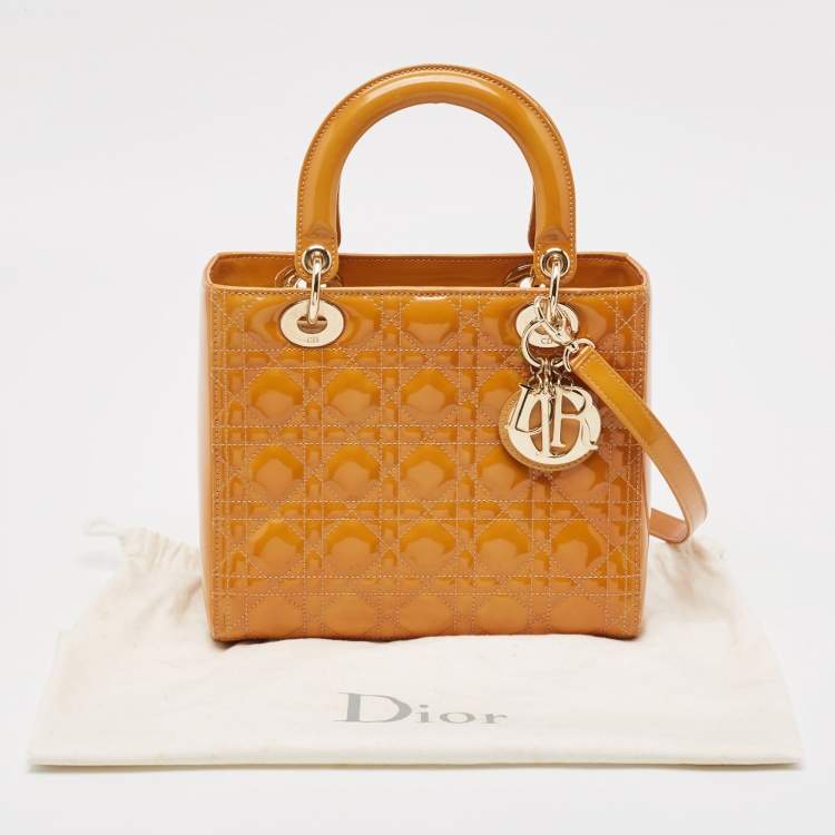 مملوكة مسبقًا Dior Yellow Cannage Patent Leather Medium Lady Dior Tote