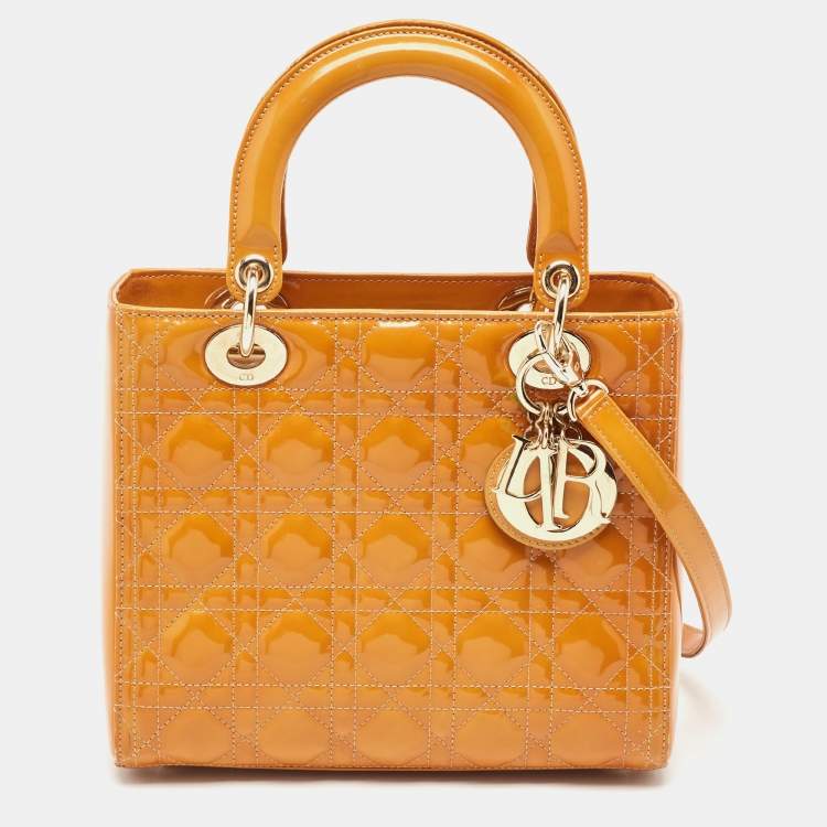 مملوكة مسبقًا Dior Yellow Cannage Patent Leather Medium Lady Dior Tote