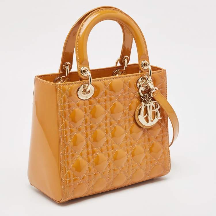 مملوكة مسبقًا Dior Yellow Cannage Patent Leather Medium Lady Dior Tote