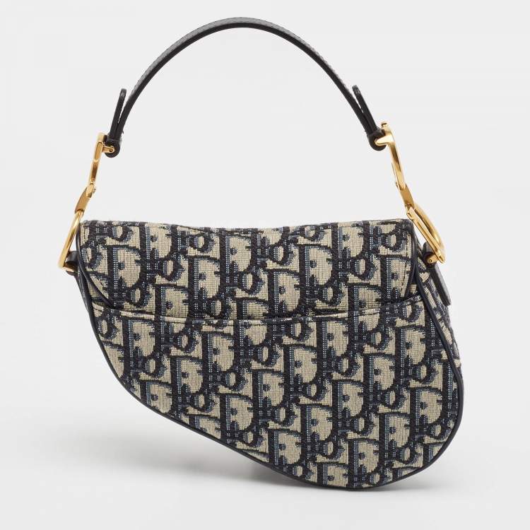 Pre Owned Dior Navy Blue Oblique Canvas and Leather Mini Saddle Bag