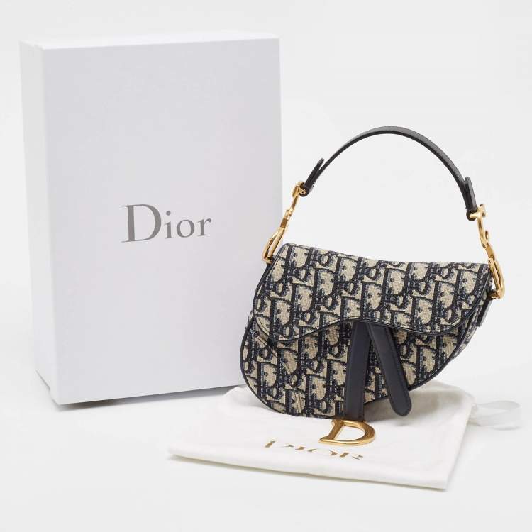 Pre Owned Dior Navy Blue Oblique Canvas and Leather Mini Saddle Bag